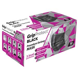 GripProtect® BLACK Procedure 3-Ply Earloop Face Mask, Disposable, Box